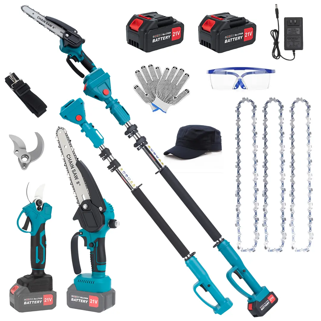 3 IN 1 Cordless Pole Saw, 21V Battery Powered Telescopic High Reach Tree Trimmer + Handheld Mini Chainsaw + Pruning Hook, Portable Electric Pruning Saw with Extra Chains for Garden Branch Cutting