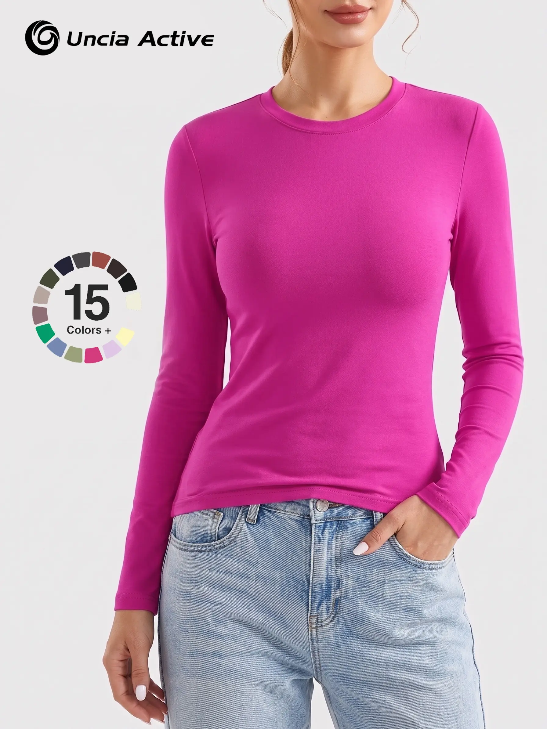 Round Neck Long Sleeve Workout Top, Slim Fit Cropped Athletic Shirts, Soft Stretchy Naked-Sense Yoga T-Shirt, Solid Color Daily Basic Sport Blouse backtoschool