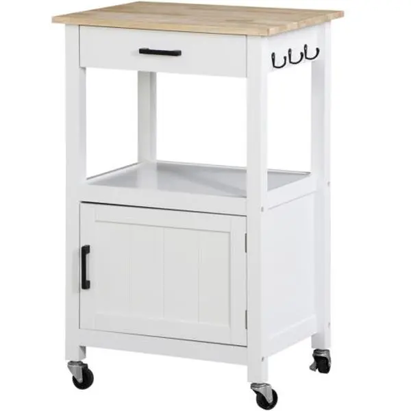 ZENSTYLE Freestanding Kitchen Cupboard - Portable Small Kitchen Island Cart with Swivel Wheels, MDF Wood Top, Cabinets, 3-Hook Organizer, Drawer, 77lb Weight Capacity