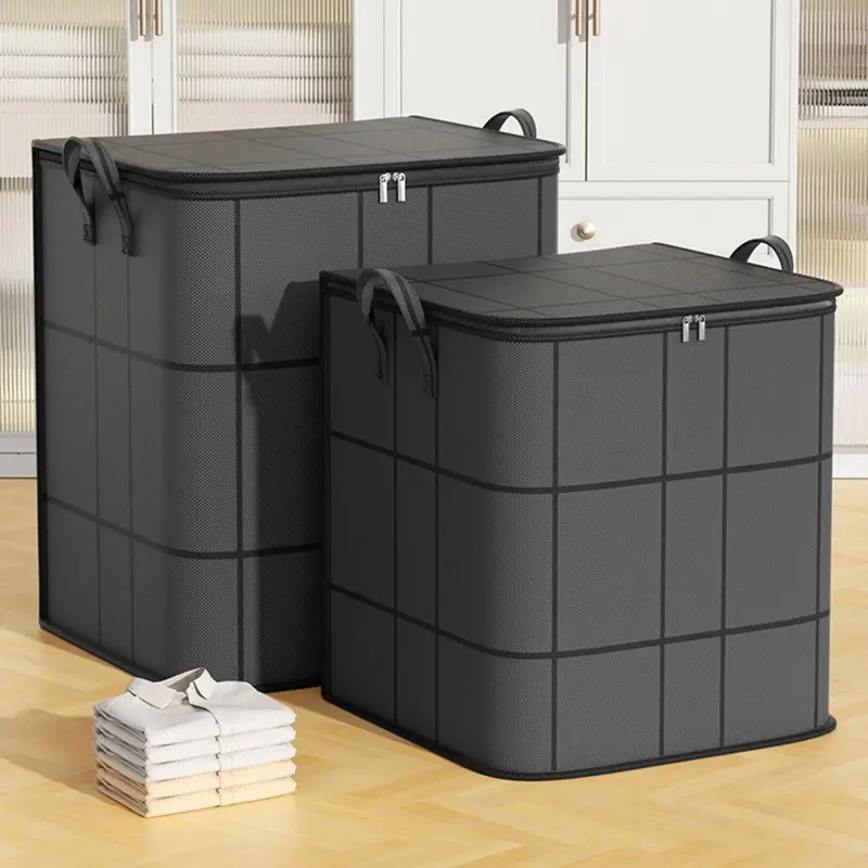 Large-capacity Gray Foldable Wardrobe Storage Box, Household Double Zipper Finishing Bag with Handle, Suitable for Clothing and Bedding Storage Space-saving Storage Box
