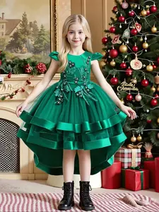 Girl's Leaf Embroidery Faux Pearls Decor High Low Hem Tulle Dress, Elegant Puff Sleeve Bow Back Zipper Back Fit & Flare Dress for Party Performance, Kids Clothes for All Seasons