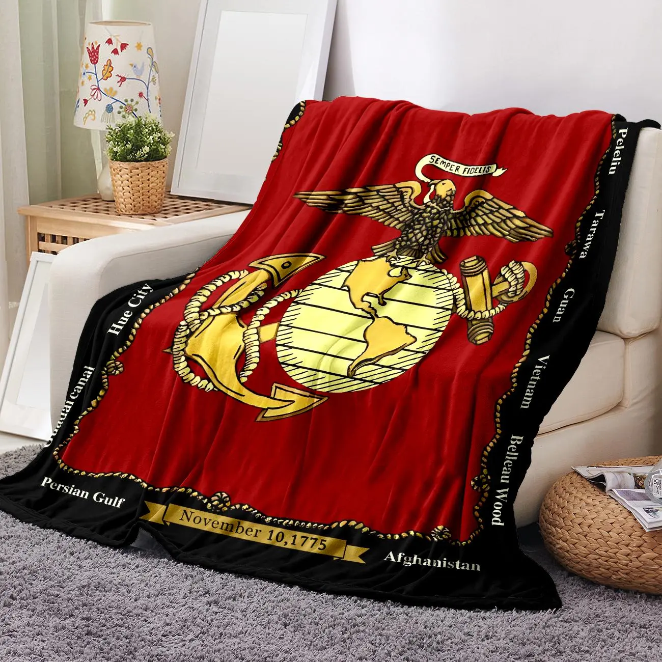 U.S. Marine Corps Emblem Plush Polyester Insulation Blanket Throw, 1-Count Soft Warm Blanket with Storage Bag, Air-Conditioning Room Nap Accessory for Home & Office - Global Picks, Summervibes, Insulation Blanket Throws
