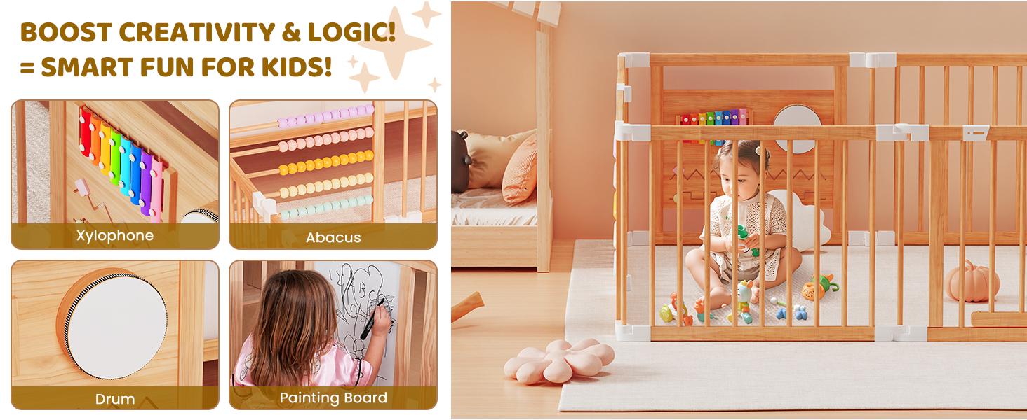Naudacaa Baby Playpen & Safety Gate, 6/8/10 Panels  Foldable Pine Wood Play Yard with Child-Proof Lock, Easy-Assembly Baby Fence for Indoor Safe Play