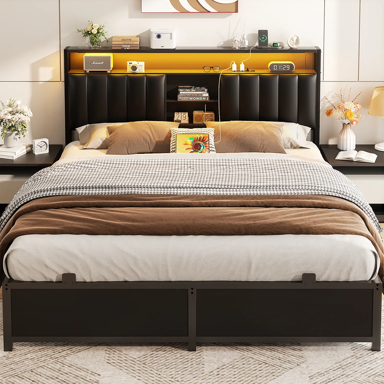 Cyclysio King/Queen/Full Size Bed Frame with Charging Station & Led Light, Platform Bed with Leather Upholstered Headboard and Storage,  mega bed Unique Bedroom Furniture