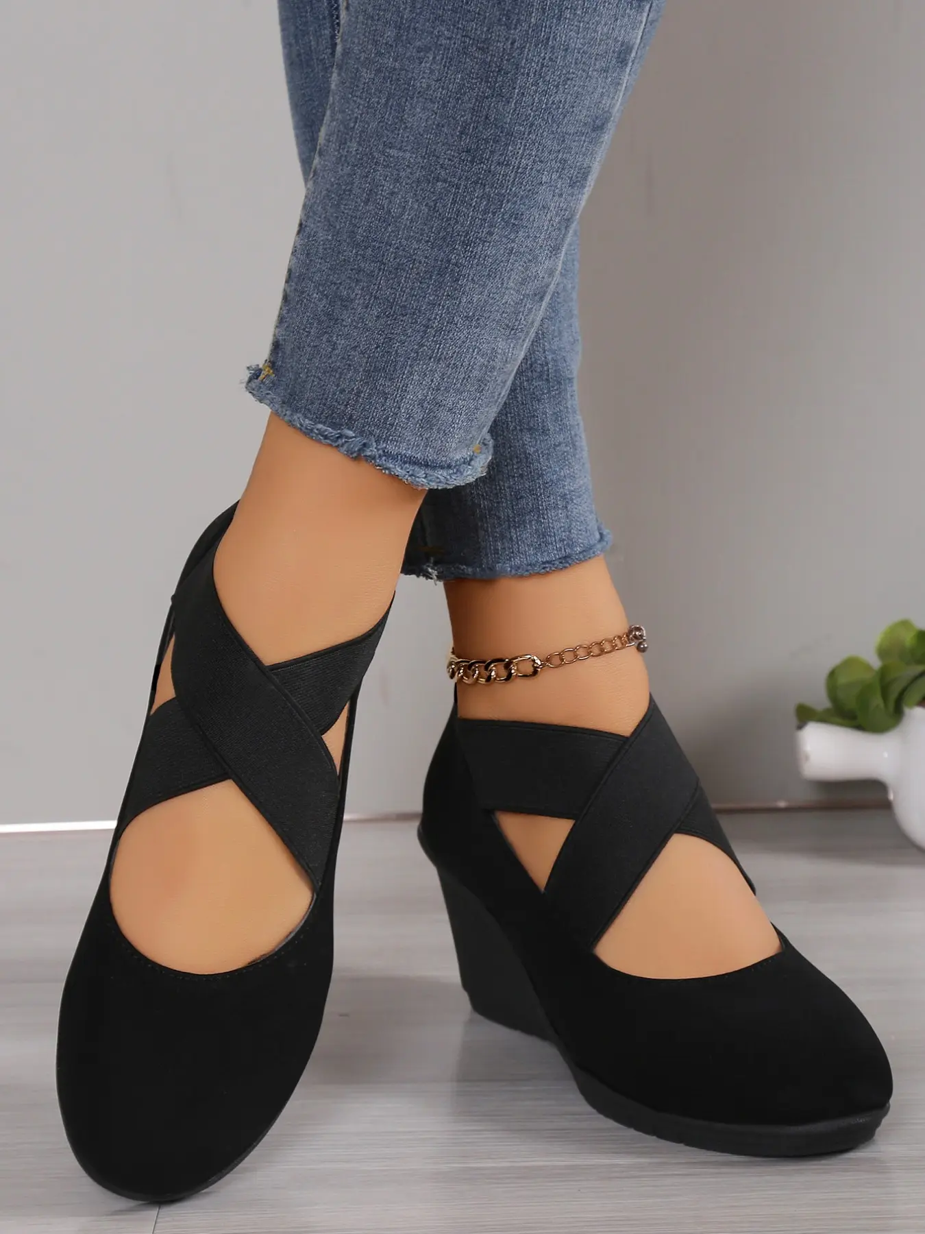 Stylish Cross Elastic Band Women's Shoes, Korean Casual Wedge Slip-On Ballet Flats, Comfortable Thick Sole Design for All Seasons