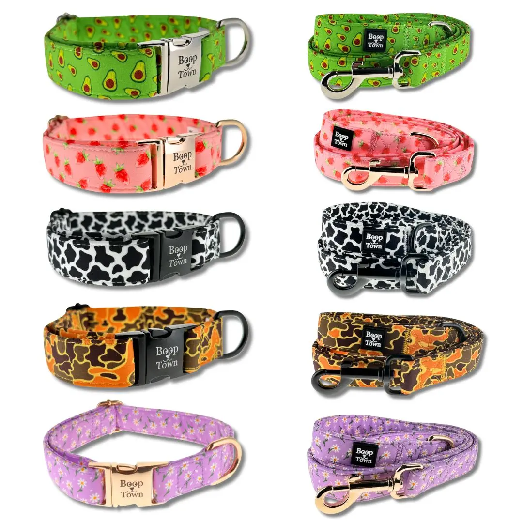 Boop Town Matching Dog Collar and Leash Set - Soft Cotton & Heavy Duty Nylon Core - Quick Release Metal Buckle - Aesthetic Adjustable Pet Accessories - Reduces Hair Matting - XS Small Medium Large XL Dogs outdoorfun