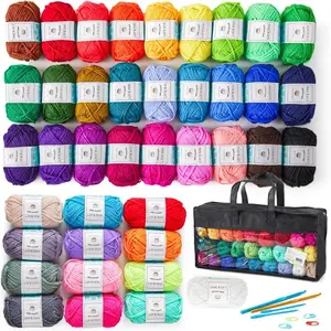 48 PCS Crochet Yarn Kit, 1400 Yards 40 Colors Acrylic Yarn Skeins, 2 Crochet Hooks, 2 Weaving Needles, 4 Stitch Markers, 1 Bag, for Crocheting & Knitting, Gift for Beginners and Adults