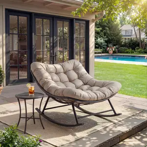 Rattan Rocking Chair，Oversized Patio Wicker Egg Chair with Thick and Removable Cushion, Outdoor Rocking Chair, Metal Frame, Rattan Comfy Rocking Lounge Chairs for Living Room, Balcony & Yard