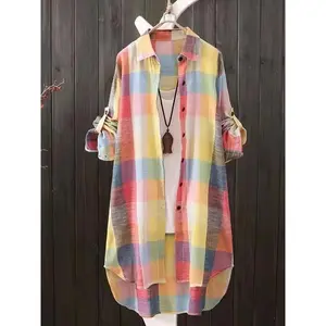 Plus Size Plaid Print Shirt, Casual Collared Long Sleeve Buttons Shirt, Women's Plus Size Clothing
