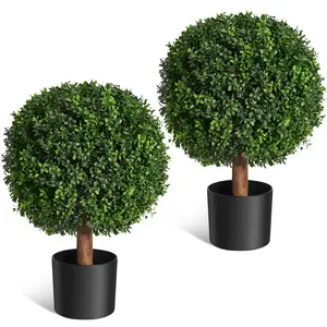 24 Inch Artificial Topiary Boxwood Ball Trees, Set of 2 UV Resistant Plants,Faux Boxwood with 6"x5" Pots for Front Porch, Indoor Walkway, Entryway Decorating