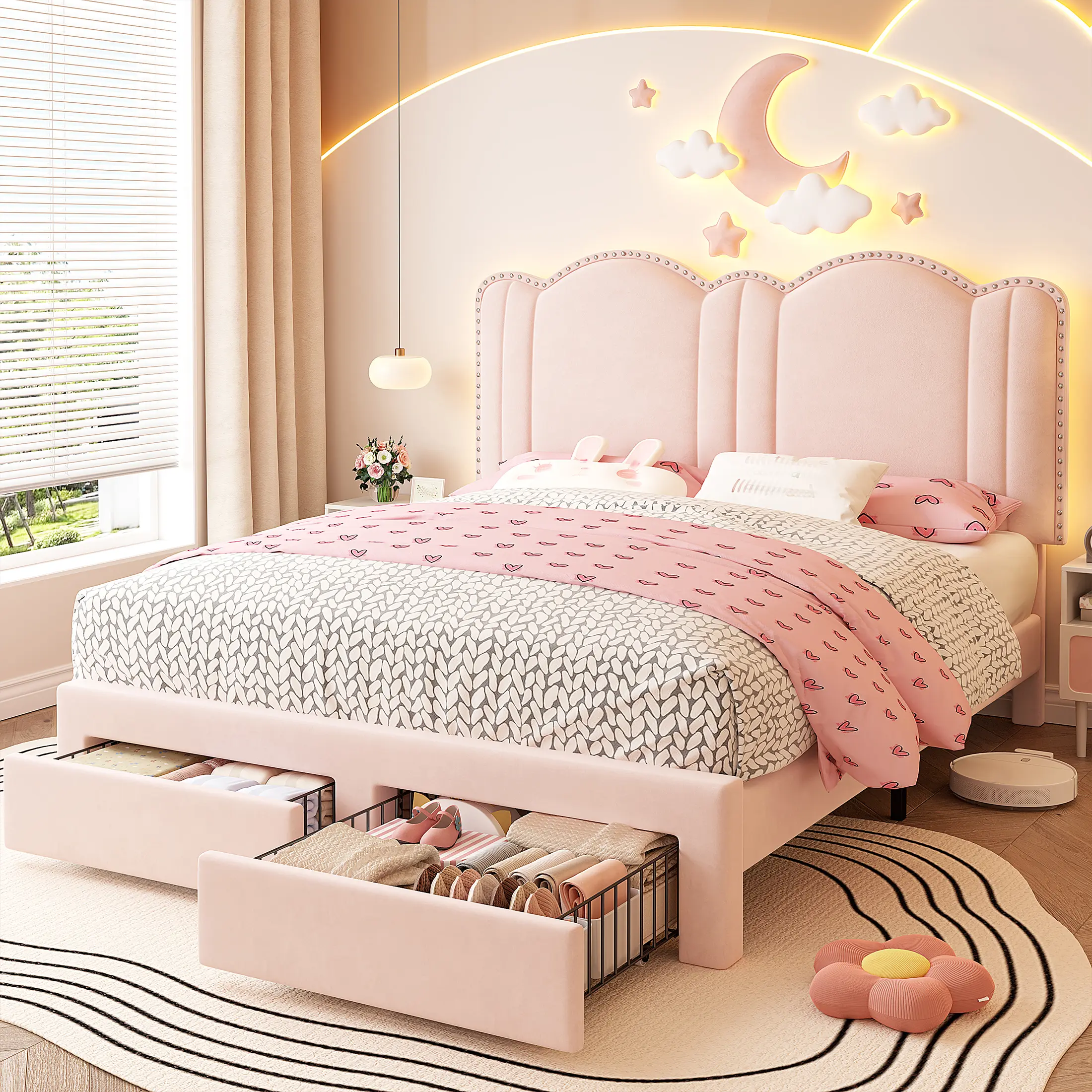 Raybee Furniture Full/Queen Size Upholstered Bed Frame with Velvet Cloud Headboard, Pink Princess Bed Frames with Storage Drawer and LED, Headboard Height Adjustable, Strong Support, No Box Spring Needed, Easy Assembly [Black Friday]