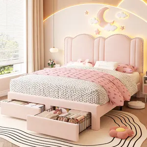 Raybee Furniture Full/Queen Size Upholstered Bed Frame with Velvet Cloud Headboard, Pink Princess Bed Frames with Storage Drawer and LED, Headboard Height Adjustable, Strong Support, No Box Spring Needed, Easy Assembly [Black Friday]