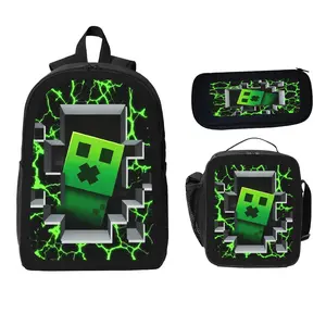 Green Pixel Monster Design on Cracked Background Printed Backpack 3Pcs Set Including (Single-Layer Backpack + Shoulder Strap Lunch Bag + Single-Layer Pencil Bag) Large Capacity Street Style Back to School Gift Set for Students Daily Use Travel School