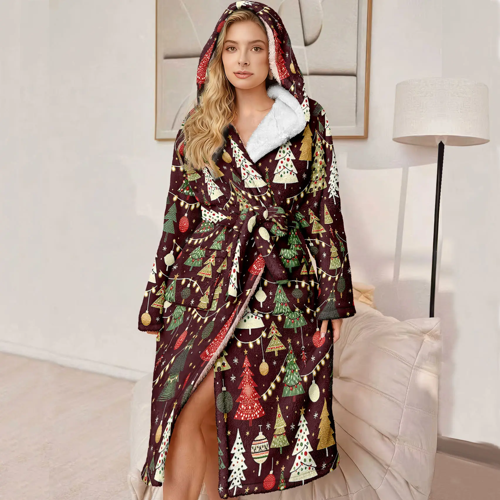 Plus Size Women's Hooded Luxury Bathrobe, Ultra Comfortable Fleece Robe with Belt and Pockets, Christmas Pattern, Winter Gift for Mom and Wife
