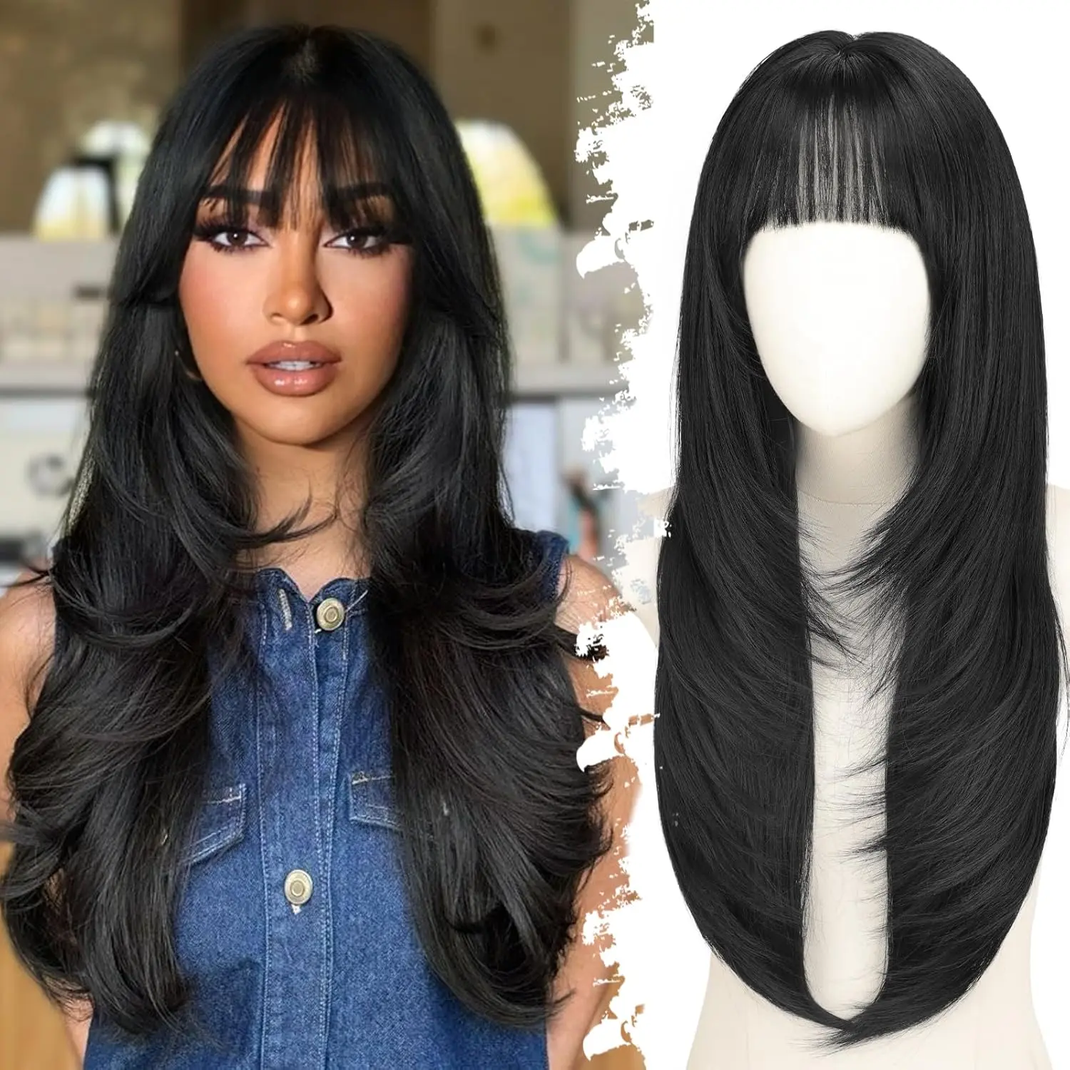 Long Black Wig with Bangs for Women, Layered Hairstyle Synthetic Heat Resistant for Daily Party Use 26 inch