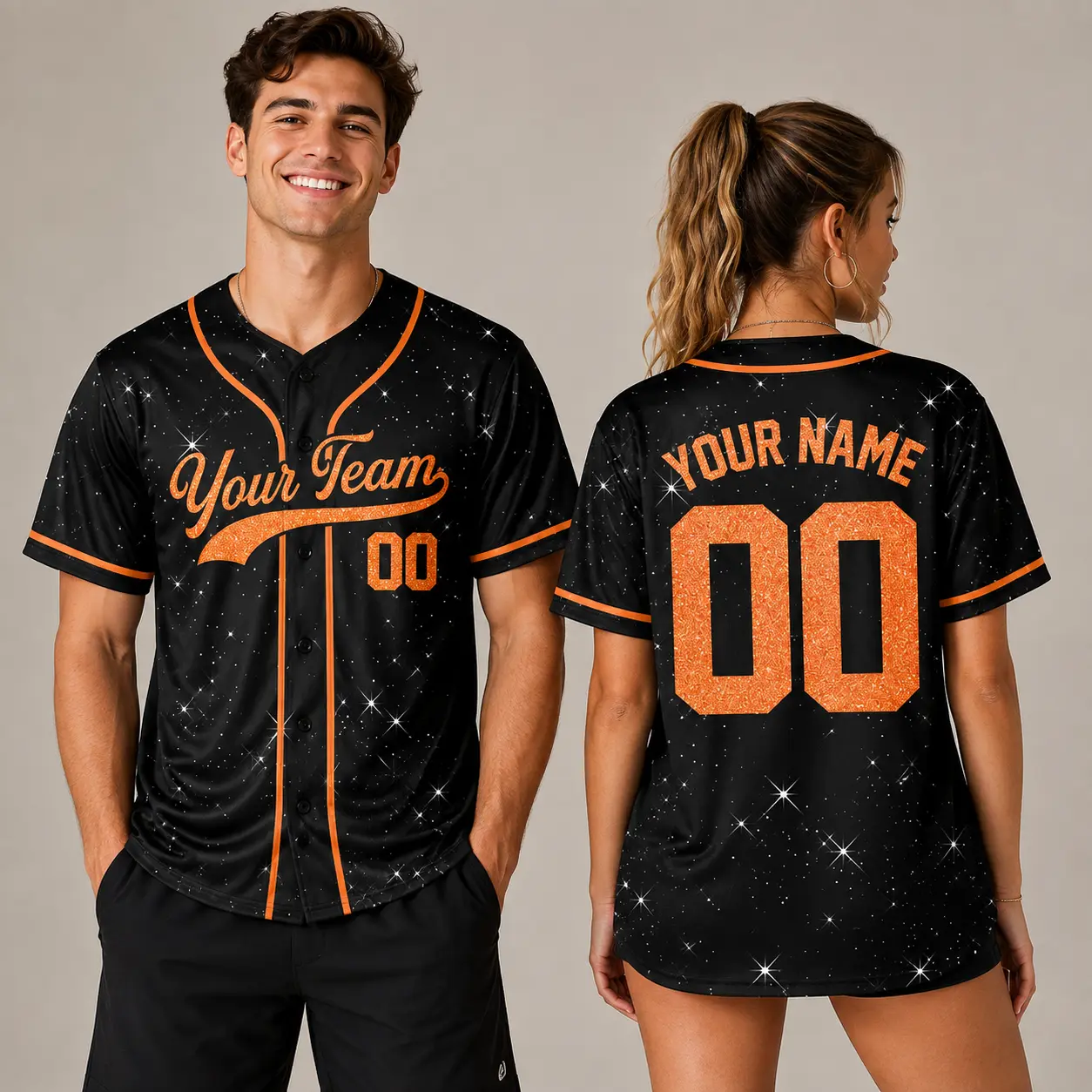 Personalized Glitter Baseball Jersey – Custom Team Name & Number Black Orange Sparkle Sports Shirt, Unisex Game Day Jersey