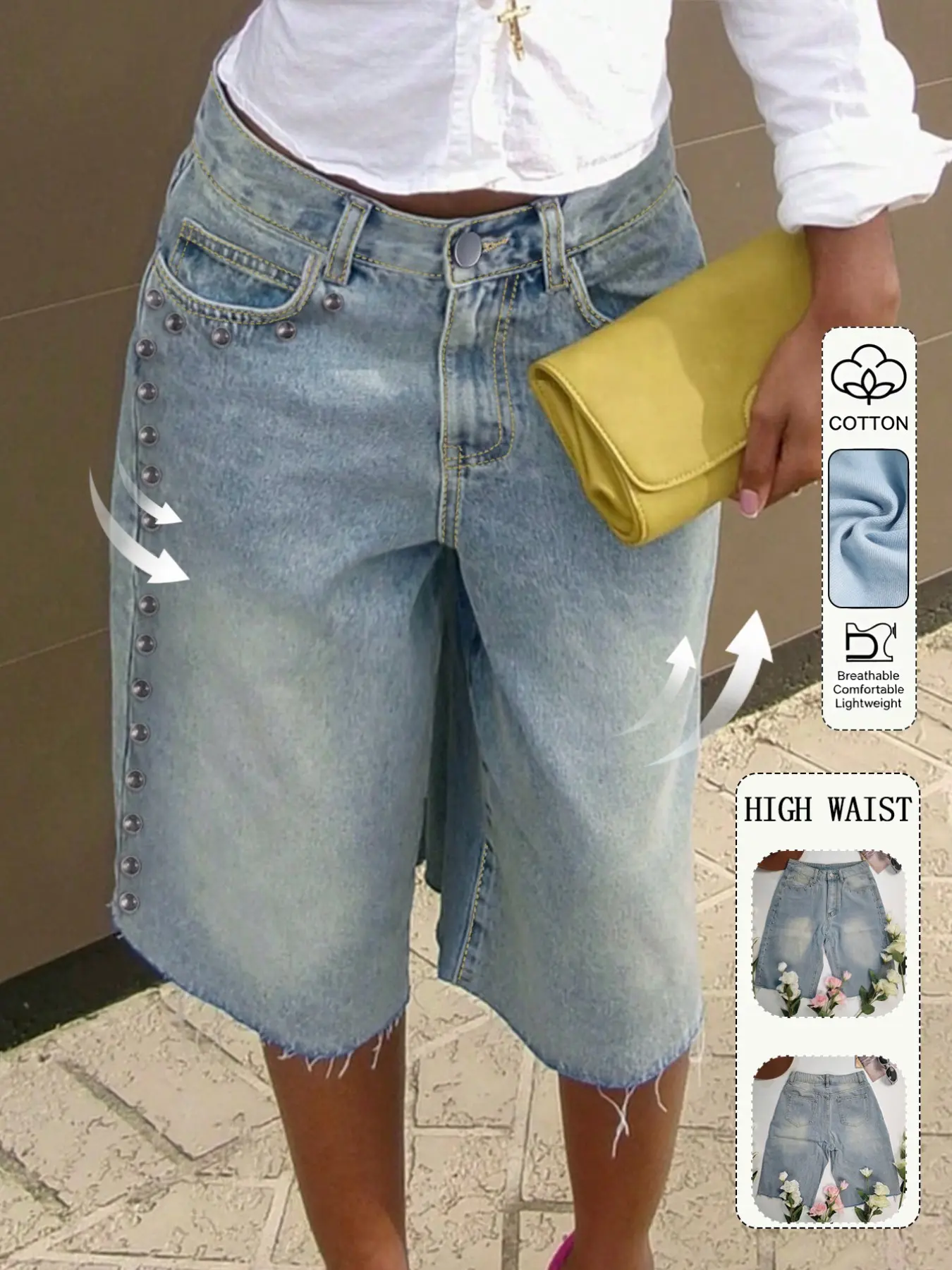 Women's Vintage Rivet Denim Jeans Shorts, Summer New Fashion Loose High Waist Wide-Leg Bermuda Shorts, Basic Casual Style Comfortable Daily Wear, Womenswear, Blue