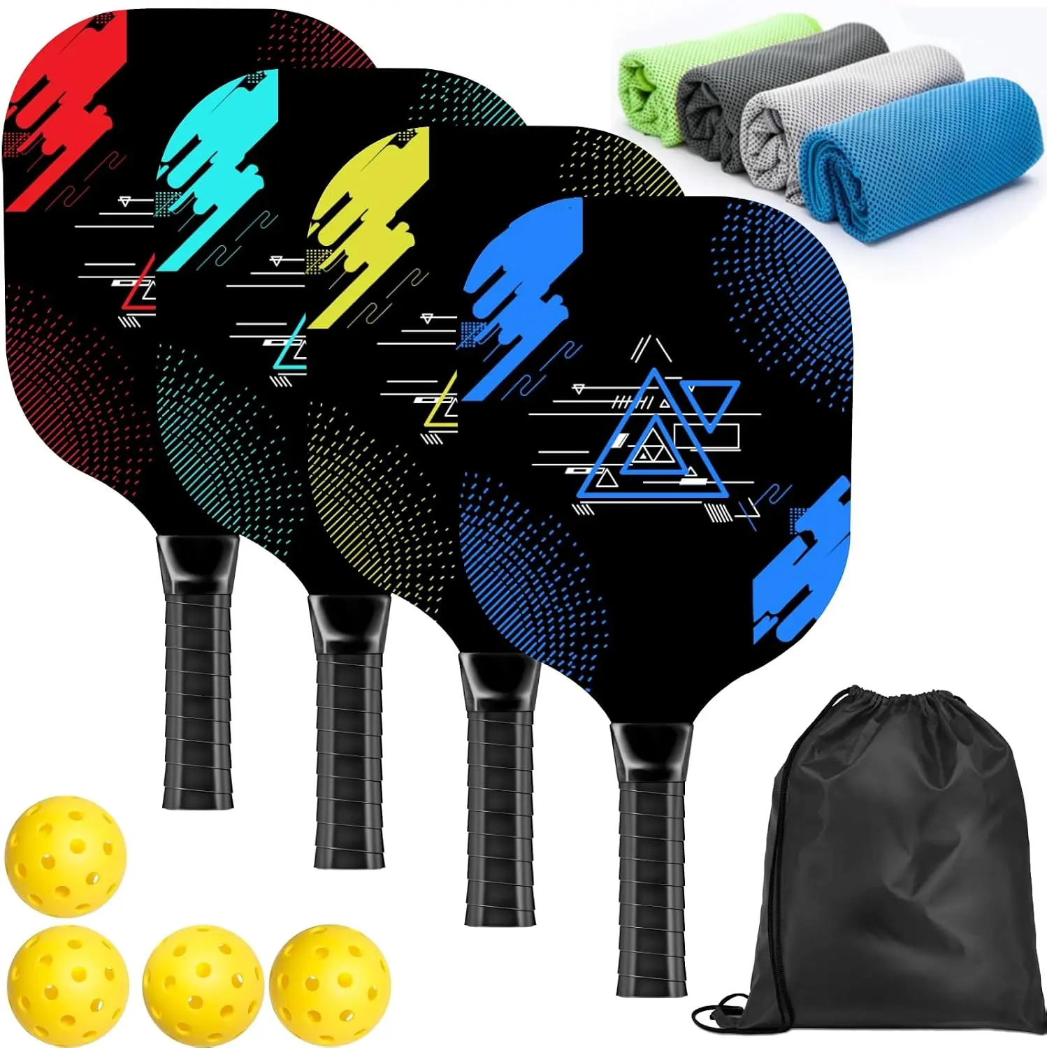 Pickleball Paddles Set of 4, Wood Pickleball Set with Comfort Grip | 4 Cooling Towels, 4 Pickleball Balls & Carry Bag. Cushion Grip Wood Paddle Set for Men, Women, Beginners & Family