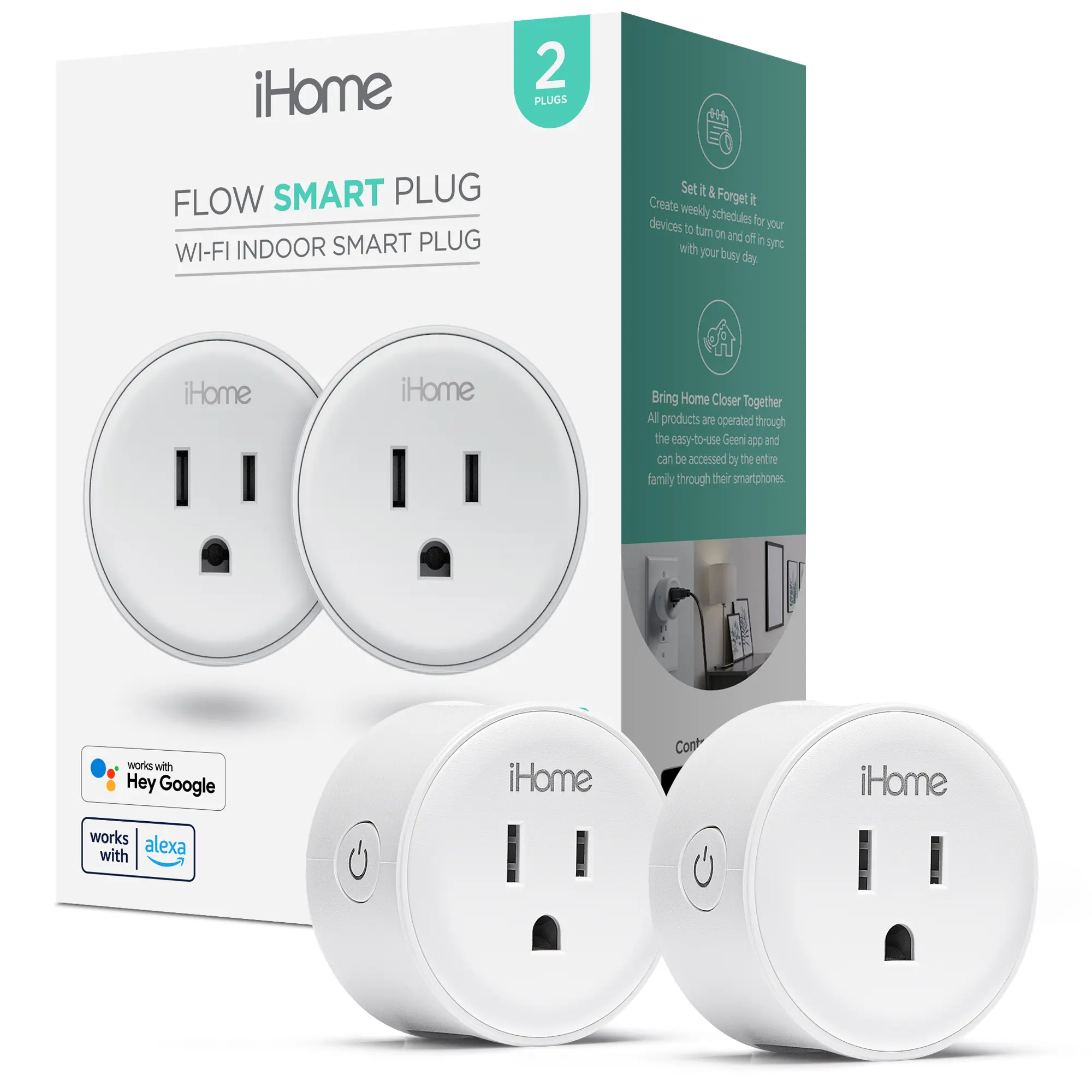 (3 pack) iHome Smart Plug, 10A Wi-Fi Outlet, Works with Alexa & Google Home, App Control, Timer, White, 2-Pack