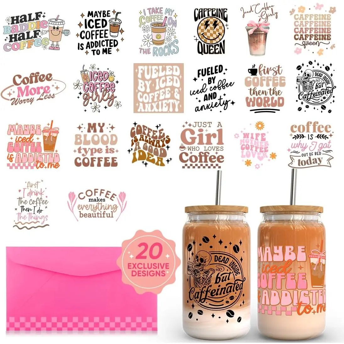 20 Sheets Coffee UV DTF Cup Wrap -Ice Coffee Theme DTF Cup Wraps for 16 oz Glass Mugs, UV DTF   Rub on Transfer Stickers DIY Mug Glasses Crafting