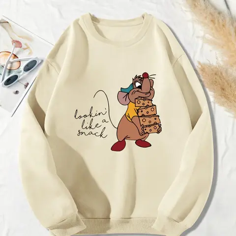 Women's Cartoon & Letter Print Drop Shoulder Soft Thermal Lined Fitted Sweatshirt, Casual Long Sleeve Round Neck Pullover Tops for Fall & Winter, Ladies Clothes for Daily Wear 1 Piece Womenswear Aesthetics