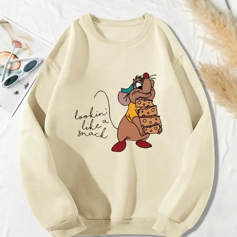 Women's Cartoon & Letter Print Drop Shoulder Soft Thermal Lined Fitted Sweatshirt, Casual Long Sleeve Round Neck Pullover Tops for Fall & Winter, Ladies Clothes for Daily Wear 1 Piece Womenswear Aesthetics
