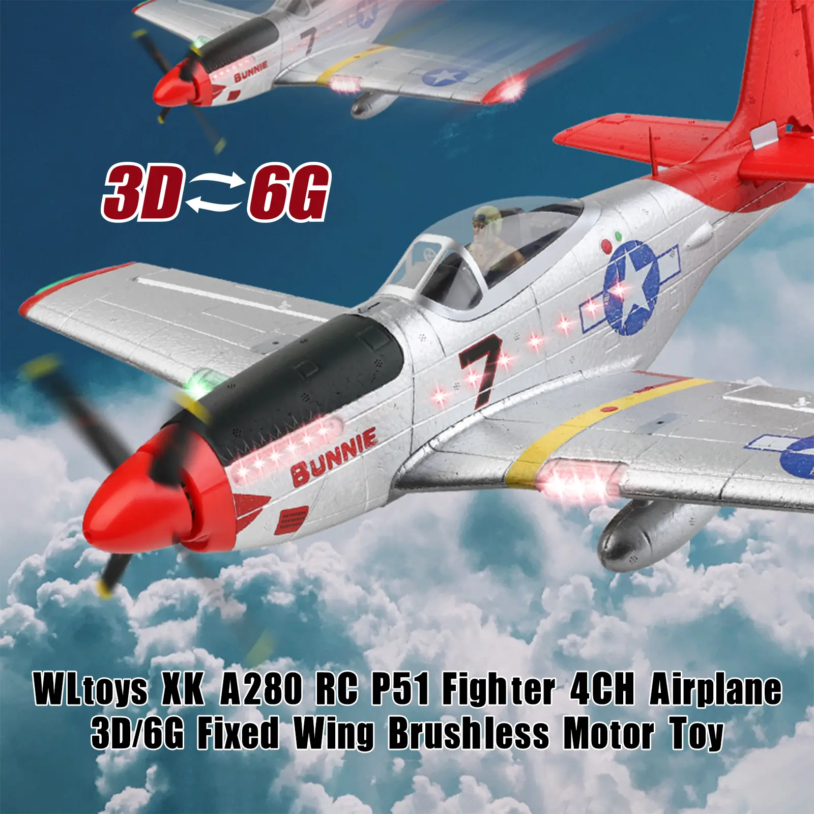XK A280 P51 Fighter Hobby RC Plane, 4CH Radio Remote Control Aircraft, 3D/6G Fixed Wing Brushless Motor Toy for 6-8 Yrs Kids, Rc Airplanes