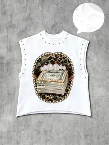 Hiphop Casual Style Sleeveless Graphic T-Shirt, Leopard Print Lips Cash & Diamond Teeth, Men's Rivet Decor Tank Top, Streetwear Fashion, Vest Top, Sleeveless T Shirts