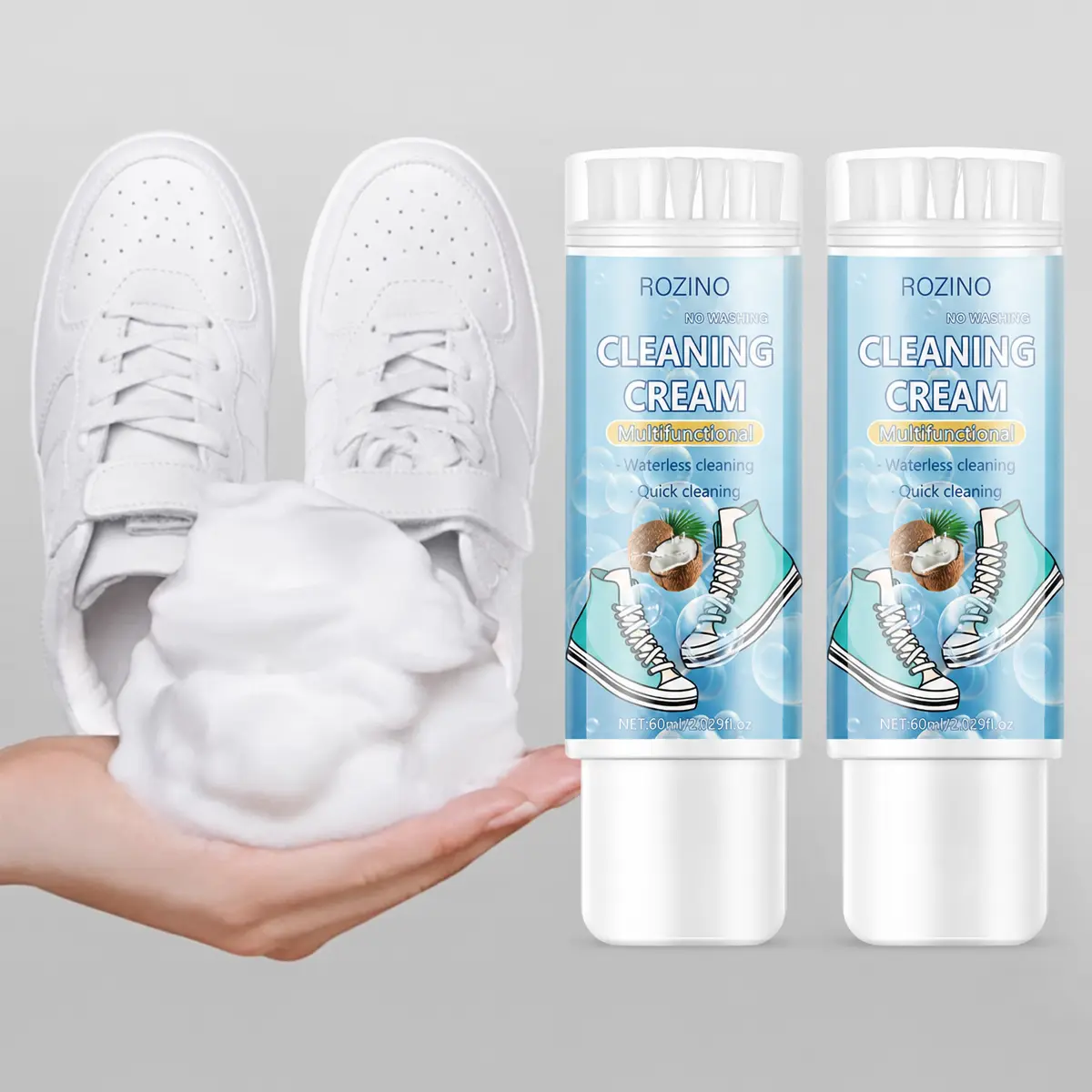 2PCS White Footwear Cleaning Brushes with Foam Mousse Cleaner - Travel-Friendly, All-Purpose Household Shoe Care Tool for Sneakers, Shoe Cleaning Kit, Foam Cleaner