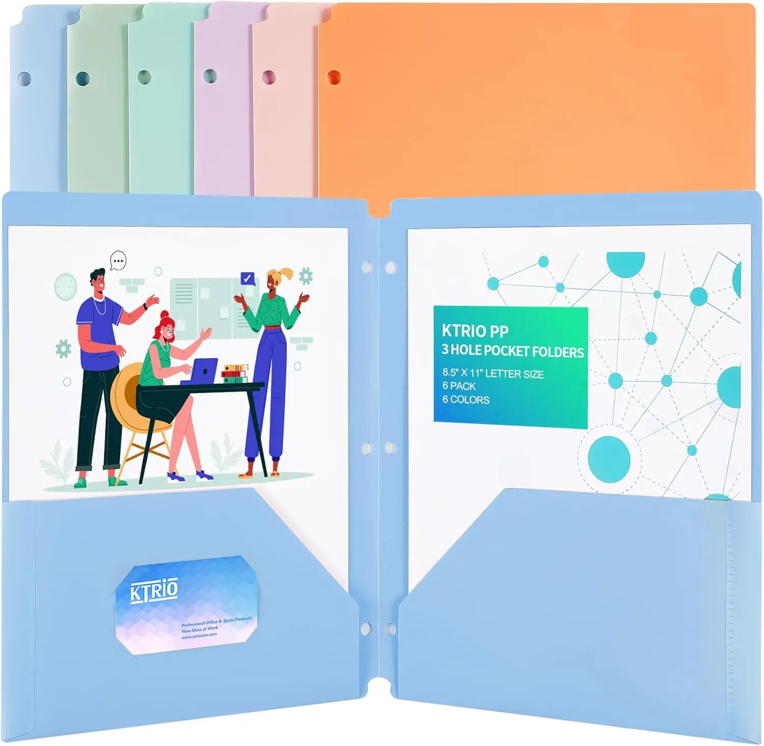 KTRIO 6-Pack 3-Hole Polypropylene Plastic Folders File Holder - Letter Size 3-Ring Binder Inserts with Pockets, Business Card Slot, Office Paper Organizer, Durable, Reusable, Easy to Clean, 100+ Pages Capacity, Anti-Dust for Office Use
