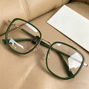 Women's Stylish Green Frame Myopia Glasses - Ultra-Light Slim-Face Design, Korean Internet Celebrity Style, Spacious Large Frame for Various Face Shapes, Square-Tinted Non-Prescription Option, Comfortable Daily Wear Decorative Eyewear, Square-Tinted Non-P
