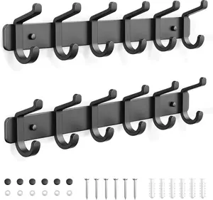 Coat Rack Wall Mounted Heavy-Duty: Metal Coat Hanger 6 Hooks for Hanging Hat, Clothes, Robe, , Backpack, Bathroom Towels, Jacket, Purse - Closet, Door, Entryway, Mudroom (Black, 2 Pack)