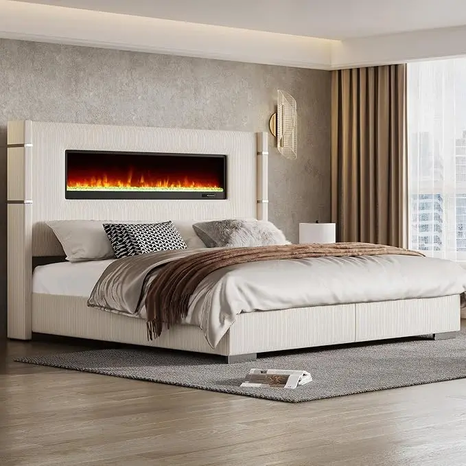 [Ships in 2 Boxes] [SummerSale] AMERLIFE Modern Bed Frame with Fireplace, Wingback Platform Bed Frame with 60.4“ Extra Tall Headboard, Corduroy Upholstered Bed Frame/No Box Spring Needed/ Unique Bedroom Furniture/Christmas Gifts