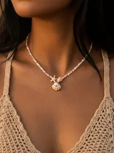 Shell, Starfish & Seashell Beaded Necklace, Ocean Style for Women, Daily Beach Vacation Wear, Mother’s Day Graduation Gift, Dangling Charms Necklace