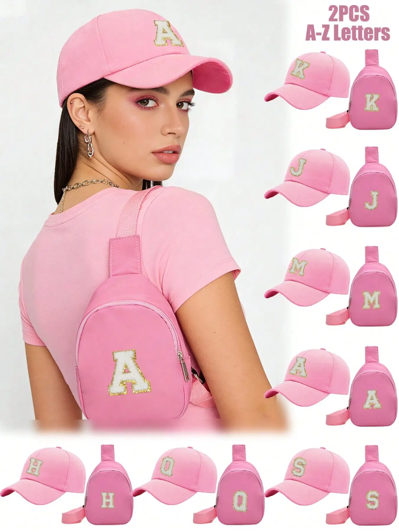 2PCS A-Z Letter Embroidered Baseball Cap Zippered Sling Bag Set for Women, Pink Adjustable Hat and Crossbody Chest Bag, matching fashionable crossbody bag, Fashion Initial Letter Gift for Girls