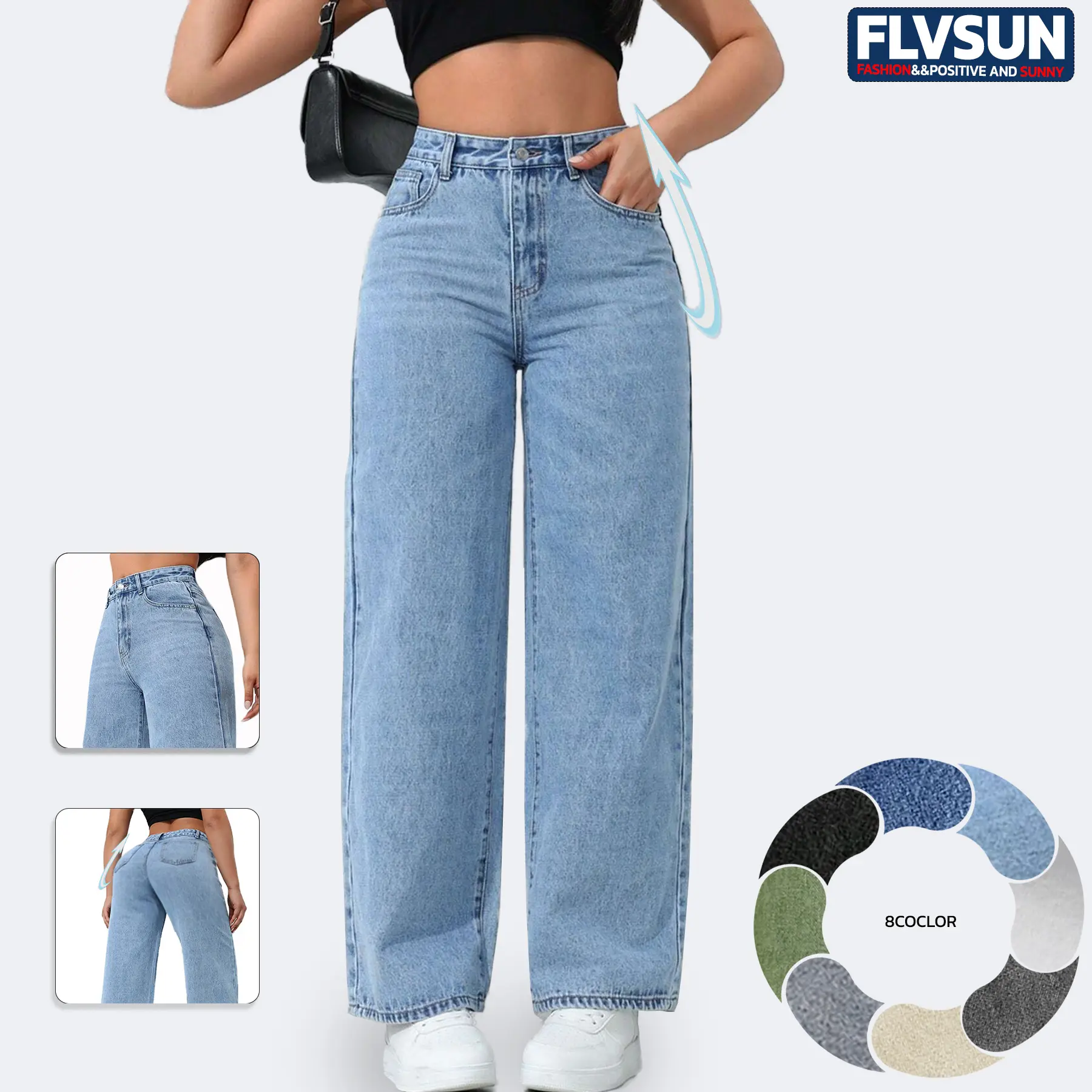 Flvsun Women's High-Waisted Light Wash Cotton Wide-Leg Wide Hip Denim Jeans with Pocket - Minimalist Basic Casual Women's Clothes Bottoms, Versatile for Outdoor Wear, Pairable with Halter Tops, Tank Tops, Shirts, Stretchy Jeans, Wide Jeans