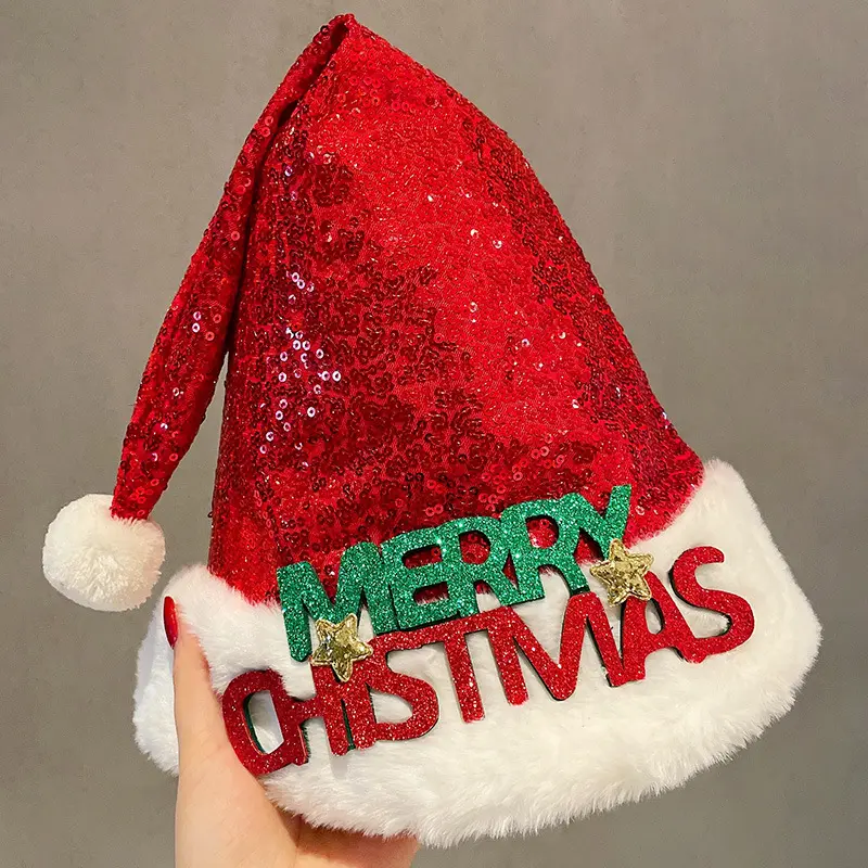 Plush Red-White Sequin Santa Claus Hats for Kids - Festive Party Supplies, Holiday Decorations, Gifting Accessories for Adults, Party Favor, Christmas