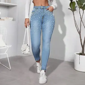 [US Shipping] Women's Elegant Skinny Jeans - Cotton-Spandex Fabric Lady's Bottom Piece with Shiny Pearl Embellishments for Daily Wear