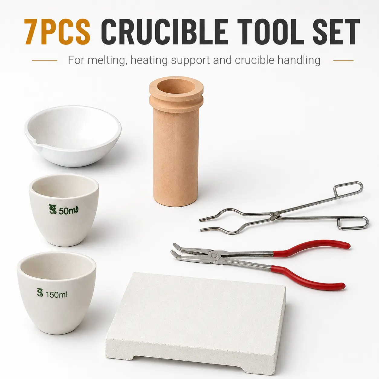 7PCS 2KG Jewelry Melting Crucible Kit with Tongs, Refractory Bricks and Melting Pliers for Metal Casting