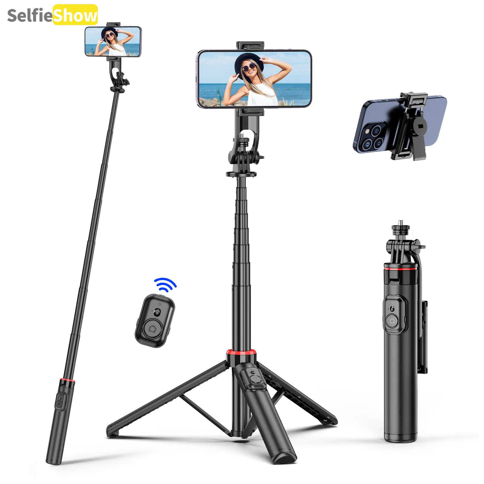 52" (1335mm) Aluminium Selfie Stick Tripod Stabilizer, Extendable Cellphone Stand with 360° Rotation, Bluetooth Remote, Detachable Holder, Universal 1/4" Mount for Vlogging, Android/iOS Smartphone Camera Accessories