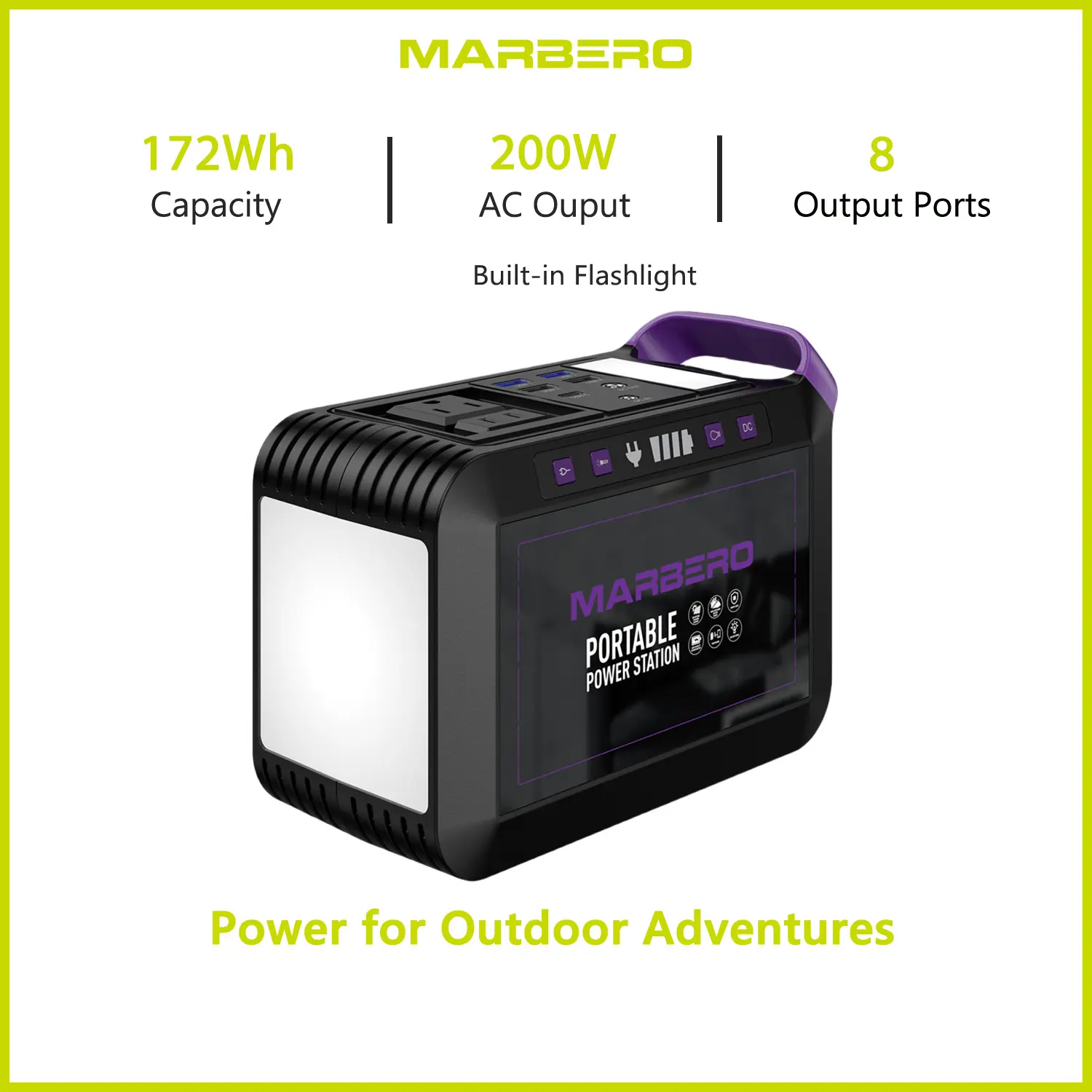 MARBERO 172Wh Portable Power Supply - 2x200W AC Outlets (270W Surge), 8 Output Ports, Built-in Flashlight, Battery Power Station for Home, Camping Emergencies