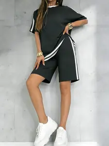 Women's Casual Sportswear Set, Pure Color Round Neck Short Sleeve T-Shirt, Split Hem Top and Striped Shorts, Spring Summer Two-Piece Suit