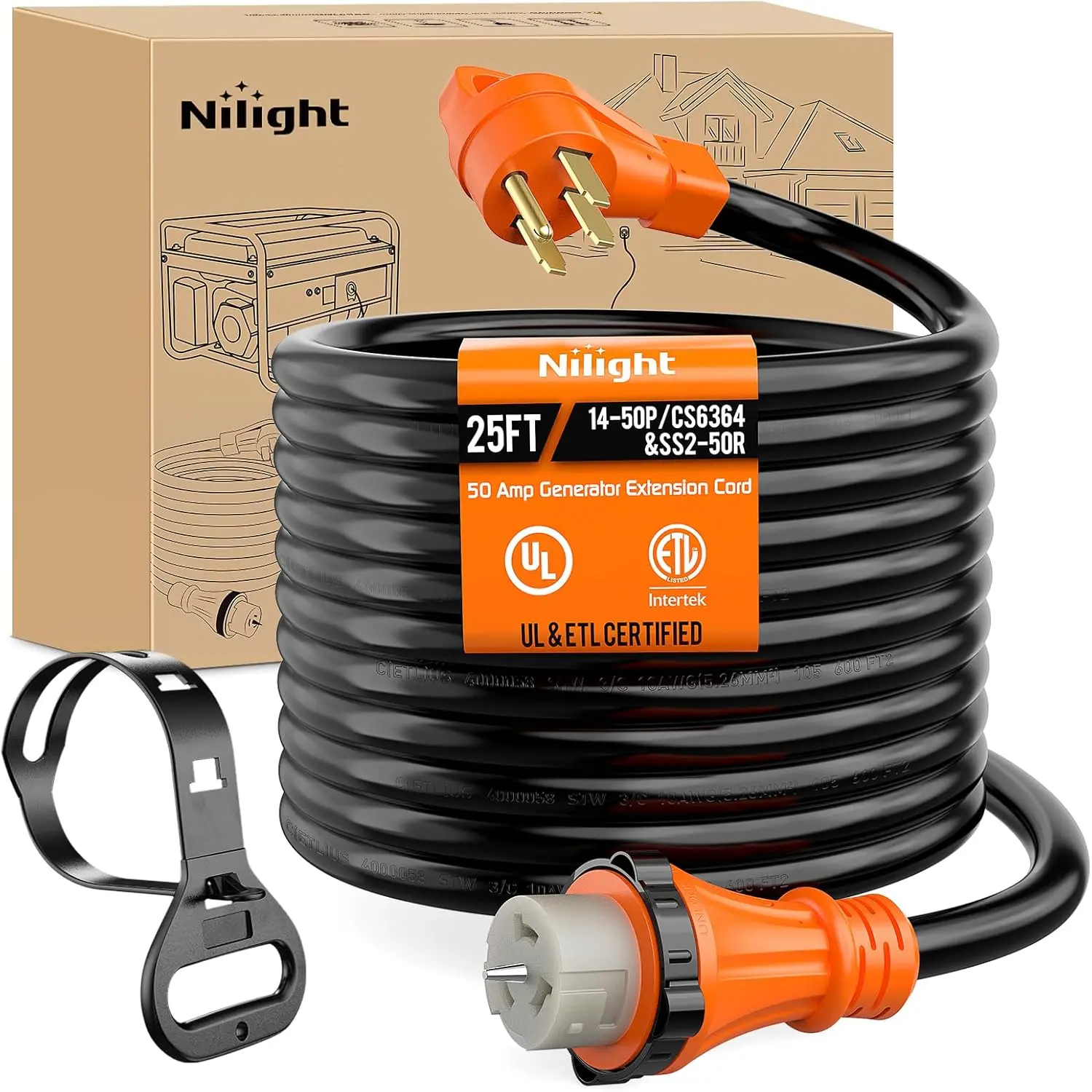 Nilight 50 Amp 25FT Generator Extension Cord 250V 12500Watt Heavy Duty 6/3+8/1 Gauge Pure Copper STW Wire UL Listed 4 Prong 14-50P SS2-50R&CS6364 Twist Lock for RV Camper Outdoor Use Power Outage High Performance, Pure-Copper Wires