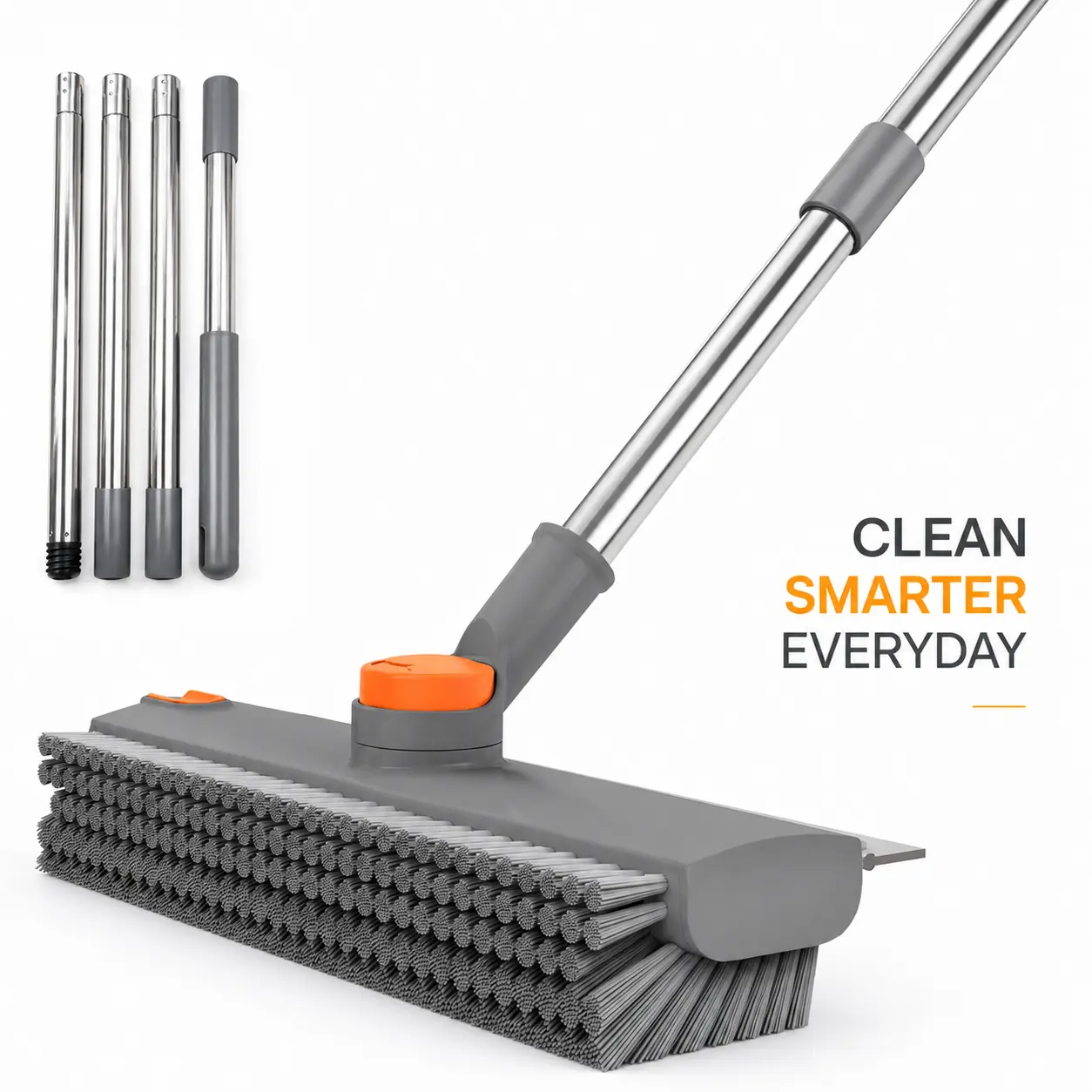 3-in-1 Multifunctional Floor Scrubber with Adjustable Long Handle, 360° Rotatable Bristle Brush, Silicone Squeegee, Durable PVC Heavy-Duty Cleaning Tool for Tile, Deck, Garage, Stainless Steel