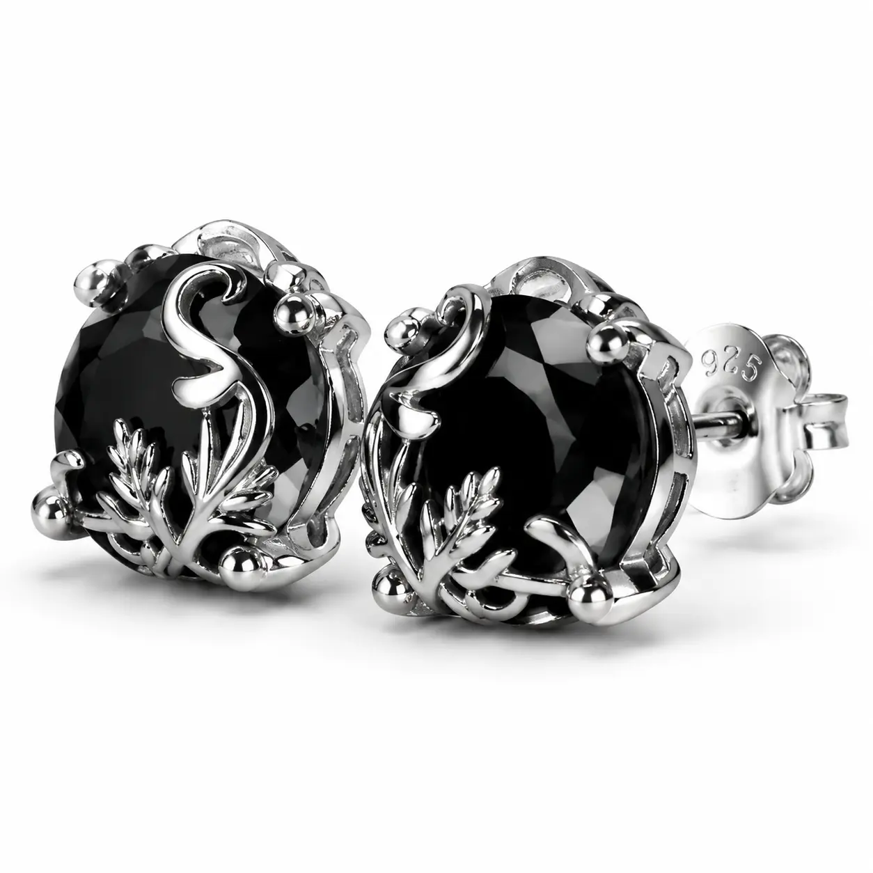 925 sterling silver Vintage Gothic Black Obsidian Stud Earrings for Women & Men Luxury Baroque Sterling Silver Floral Filigree Statement Studs Y2K Dark Aesthetic Streetwear Jewelry Party Wedding Evening & Daily Wear Minimal Luxe Gift Style Trend