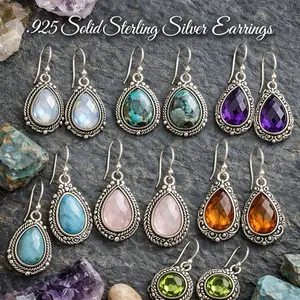 .925 Solid Sterling Silver Stone Earrings