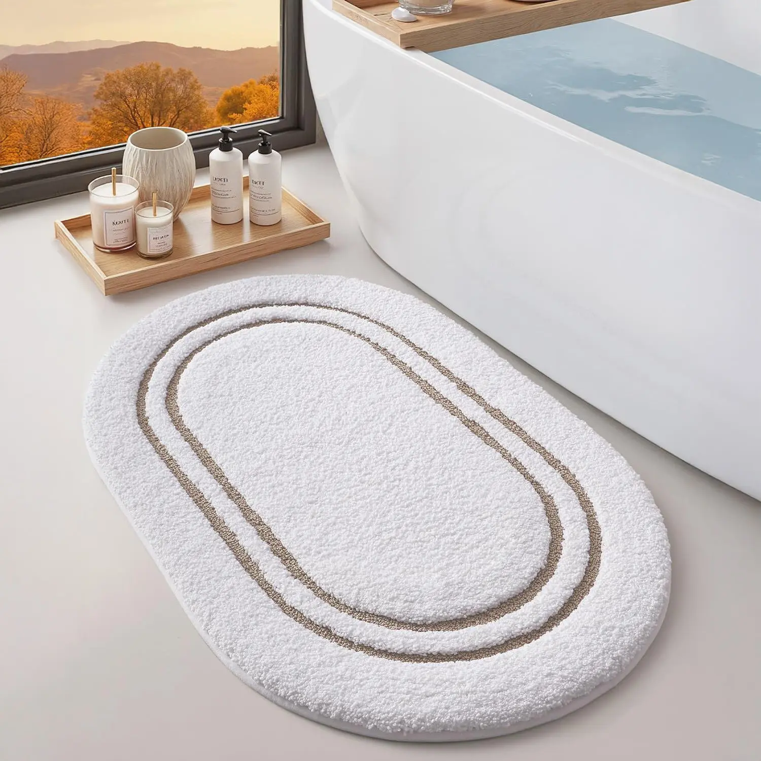 DEXI Classic Oval Nonslip Bathroom Rug - 24x36in Quick Dry Absorb Microfiber Mat with Slip-Safe Backing, Microfiber Leather Accent, Machine Washable for Shower Floor, Sink & Kitchen Use, Beige Home Supplies