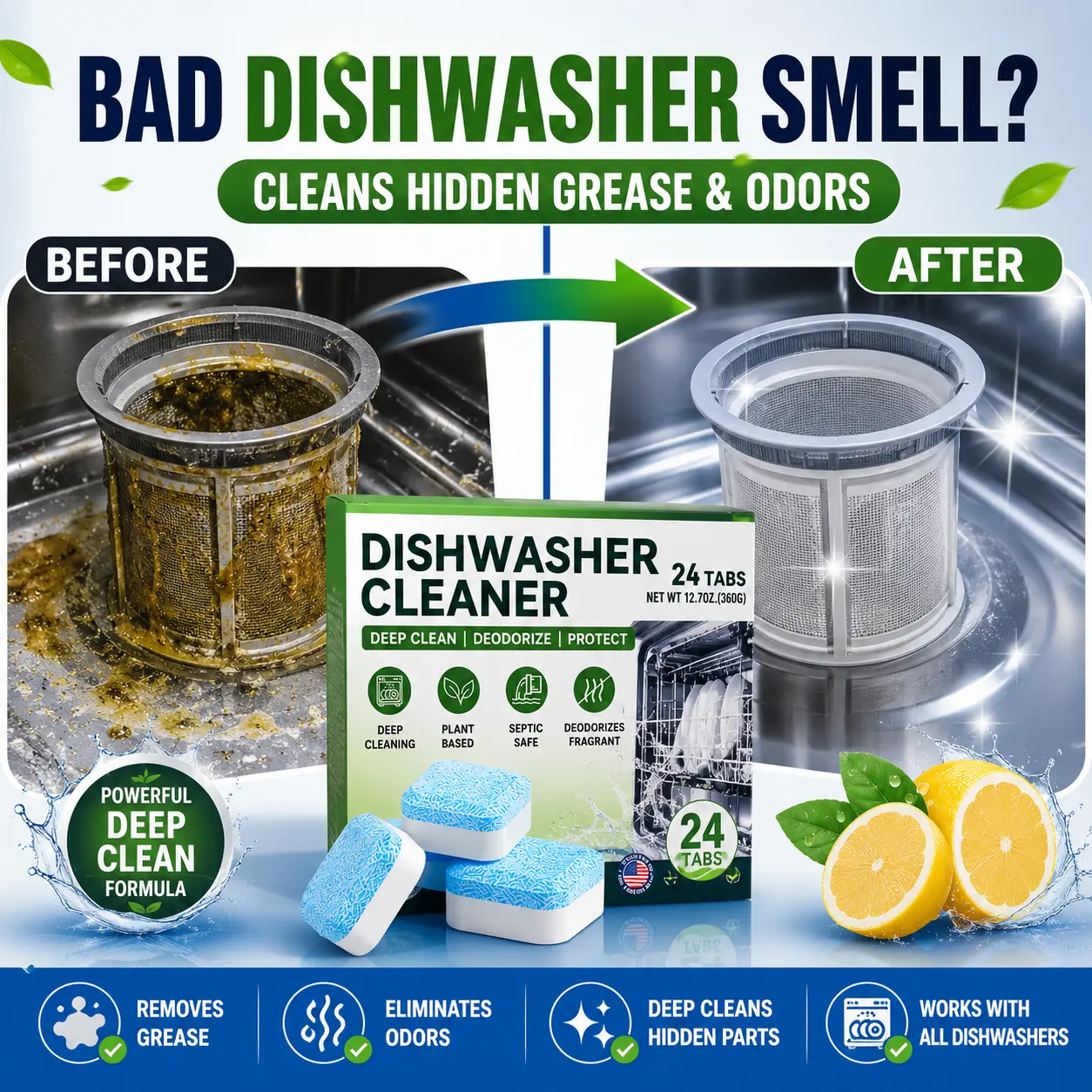 YCUO Dishwasher Cleaner and Deodorizer Tablets - 24 Pack,Deep Cleaning,Natural Formula,Effective Limescale & Odor Removal,Calcium,Scale,Hard Water Stains,Oil,Compatible with All Models