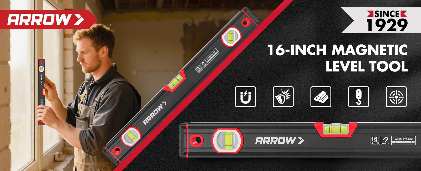 #backtoschool ARROW 16-Inch Level, Magnetic Torpedo Level with 45°/90°/180° Bubbles, Aluminum Alloy Body, Precision-Machined Base, Shockproof Rubber End Caps, V-Groove & Hanging Hole for Construction, Carpentry