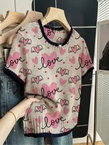 Heart Letter Print Round Neck Sweater, Casual Short Sleeve Knitwear for Spring Summer Fall, Comfortable Warm Women's Clothing